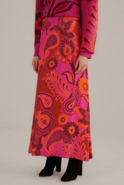 Farm Rio Bold Floral Pink Satin Maxi Skirt