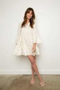 Long Sleeve Tiered Gold Threaded Mini Dress